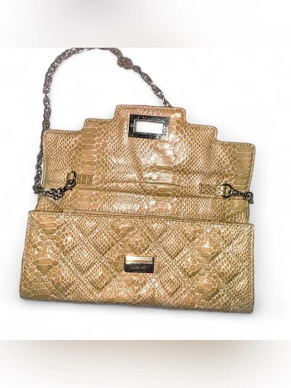 Sondra Robert’s Tan -Textured Snake Print Chain Clutch - Women Bags.